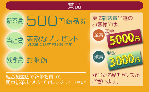 賞品　金賞「現金5000円」銀賞「現金3000円」新茶賞「500円商品券」金賞と銀賞は新茶賞に当たった方が再チャレンジ（ダブル賞）できます。