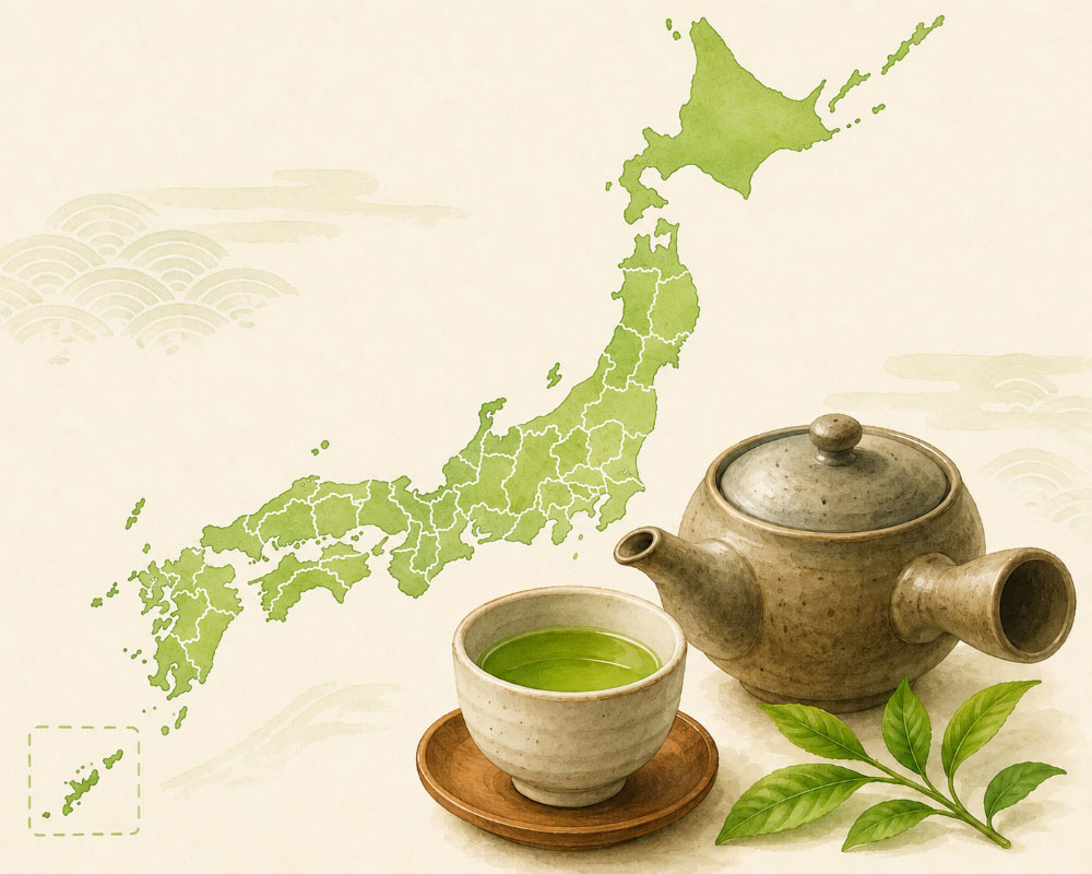 イラスト:日本地図と急須・湯のみ