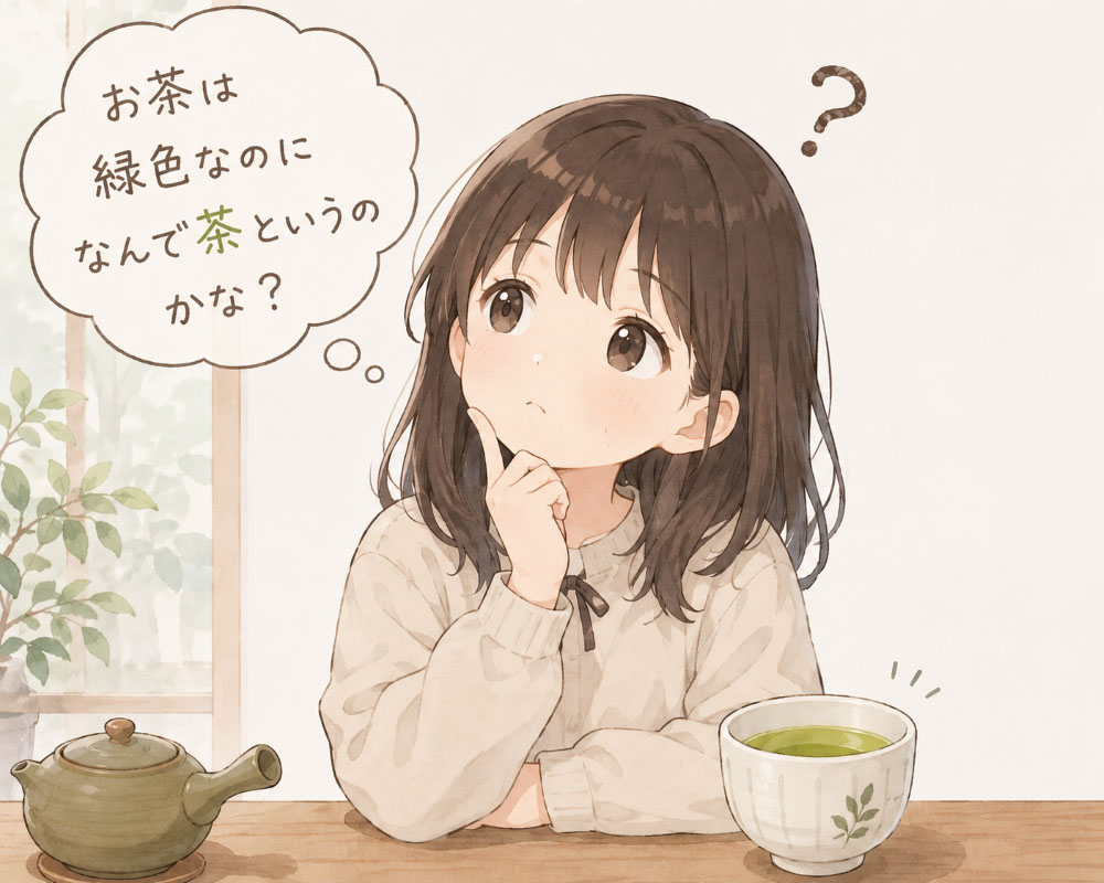 イラスト:「お茶は緑色なのになんで茶というのかな?」と考える女の子